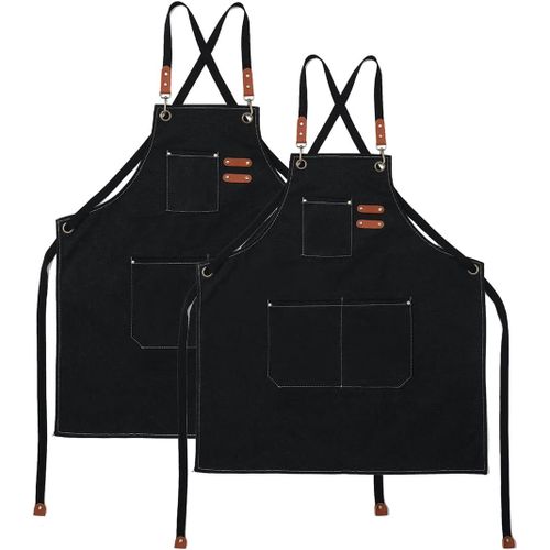 Patb-Tablier De Cuisine En Toile (2 Pièces), Tablier De Travail Avec 3 Poches, Sangle Réglable, Tablier De Barbecue Imperméable Professionnel Pour Homme Femme Pour Coiffeur, Cuisine, Jardinier, Gris,