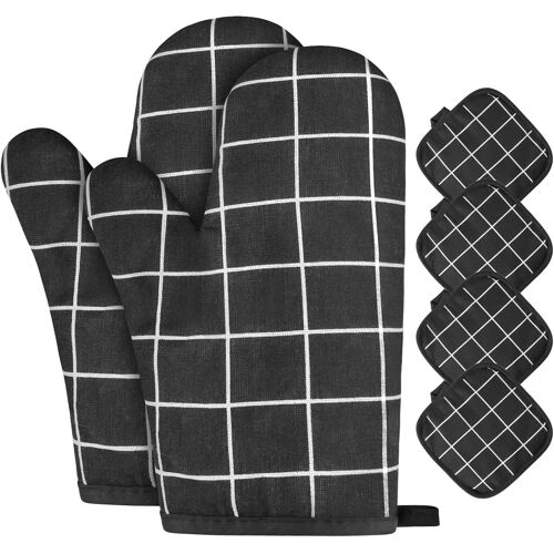 Kalanka-Gants De Four, 1 Paire Gants De Cuisine Coton Avec 4 Maniques Cuisine, Lavable Gant Cuisine Four, Gants De Cuisine Antidérapants, Gant Cuisine Anti Chaleur Pour Barbecue, Cuisson (Noir)