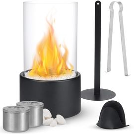 PATB-® Cheminée de Table au Bioéthanol avec Pierres Décoratives, pour L'intérieur et L'extérieur, Cheminee Ethanol a Poser, en Acier Inoxydable et Verre, Durée de Combustion Infinie