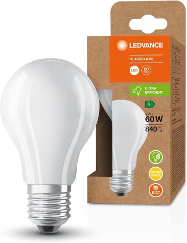 Kal-Lampe À Économie D'énergie, Ampoule En Verre Dépoli, E27, Blanc Chaud (3000k), 4 Watts, Remplace Une Ampoule De 60w, Très Efficace Et Économe En Énergie, Pack De 1