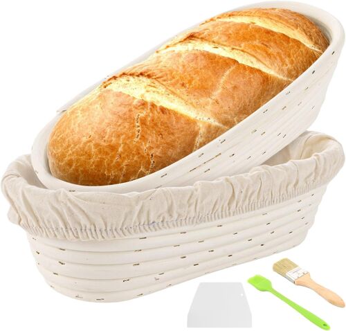 Jexnovashop-Lot De 2 Banneton En Rotin Naturel, Diamètre : 30 Cm De Fermentation Ovales Pour La Cuisson Du Pain, Avec Chiffon En Lin Et Pinceau À Huile En Silicone Pour Pain Et Pâte À Pain