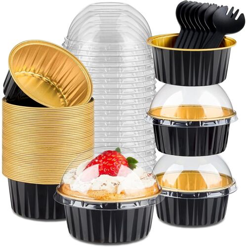 Kalanka-50 Pièces Mini Moules À Gâteaux Avec Couvercles Et Cuillères, 150ml Plats De Cuisson Ronds En Papier D'aluminium Petites Caisses À Pain Coupes Pour Pain Dessert Pique-Nique Fête (Or Noir)