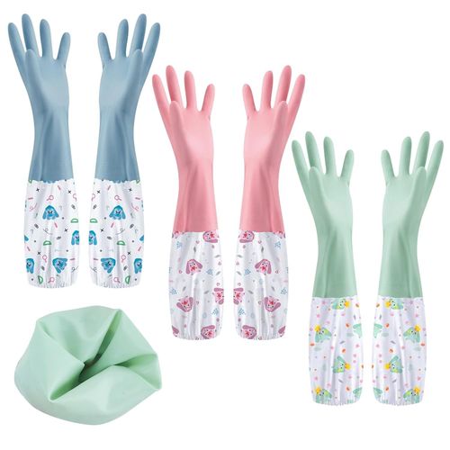 3 Paires Gants Menage,Gants Vaisselle en Caoutchouc-46cm,Longs Gant Nettoyage,Gant Menage Imperméables pour la Cuisine,la Salle de Bain,la Lessive,le Jardinage-3 Couleurs