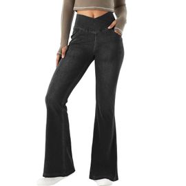 Asfasfq-Femmes V Crossover Taille Haute Hanches Control Casual Fitness Legging Yoga Pants Faux Jean Imprimé Femmes Bottes De Yoga Pantalons De Fitness Évasés Avec Poches Latérales.