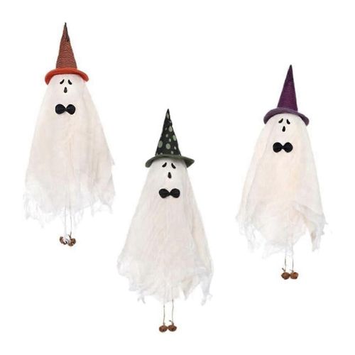 Lot De 3 Fantômes Suspendus Pour Halloween Avec Chapeau De Sorcière Vert/Violet/Orange