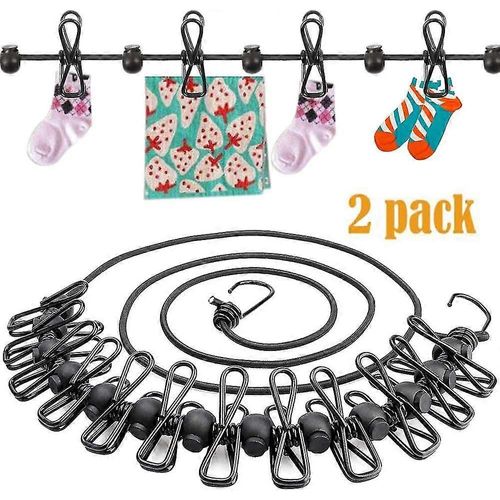 Lot de 2 étendoirs à linge de voyage portables, 12 broches, élastiques, rétractables et coupe-vent