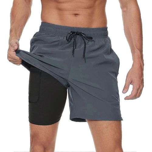 Maillot De Bain 2 En 1 Pour Homme Avec Doublure De Compression, Séchage Rapide, Avec Boxer Doublé, Short De Plage Extensible Avec Poches Zippées_Gg-S