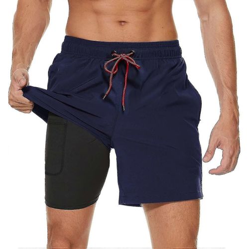 Maillot De Bain 2 En 1 Pour Homme Avec Doublure De Compression, Séchage Rapide, Avec Boxer Doublé, Short De Plage Extensible Avec Poches Zippées, Taille 2xl
