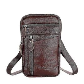 Sac banane marron foncé en cuir véritable pour homme, 20 cm, pour téléphone portable, ceinture de sport de plein air, petit sac à bandoulière, pour affaires, portefeuille