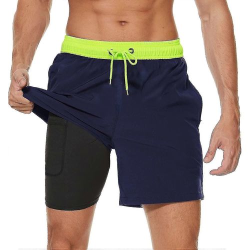 Maillot De Bain 2 En 1 Pour Homme Avec Doublure De Compression, Séchage Rapide, Avec Boxer Doublé, Short De Plage Extensible Avec Poches Zippées, Taille 2xl