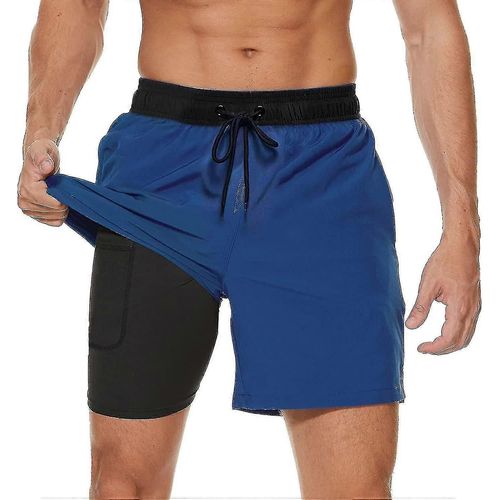 Maillot De Bain 2 En 1 Pour Homme Avec Doublure De Compression, Séchage Rapide, Avec Boxer Doublé, Short De Plage Extensible Avec Poches Zippées_Gg-L