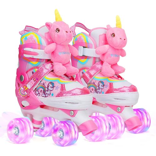 ASFASFq-Patins à roulettes Enfant Poupée Licorne Roller Quad Ajustable avec 4 Roues Lumineuses Taille Réglable pour Filles Débutants Cadeau d'anniversaire Noël