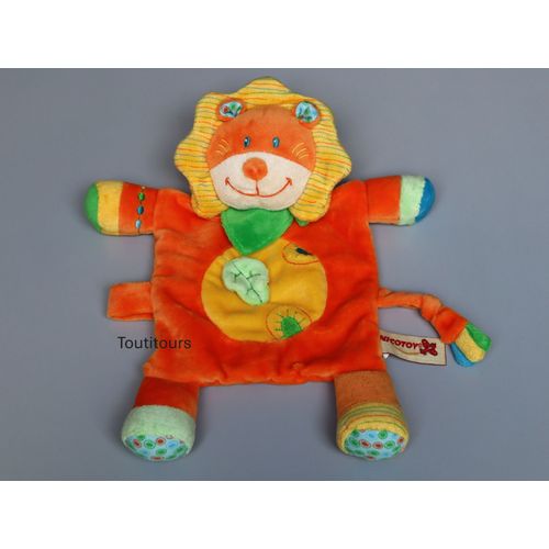 Doudou lion plat orange jaune vert Nicotoy