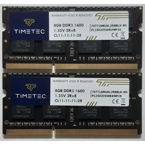 Mémoire TIMETEC 76TT16NUSL2R8BLK-8G. Capacité : KIT 2x8Go. Memory Type : DDR3. Bus Type : PC3-12800.