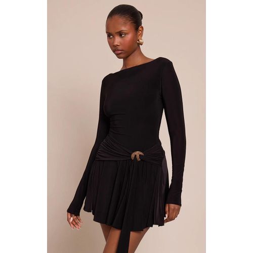 Mini Robe Droite Moulante Noire À Empiècement Et Ceinture, Noir