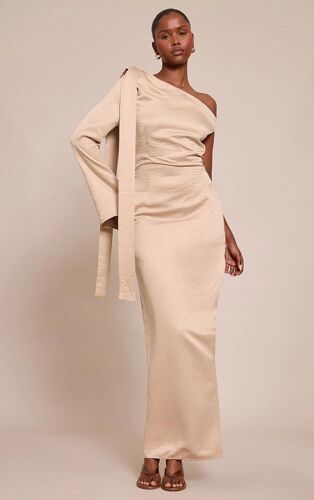 Robe Mi-Longue Tissée Texturée Vert Olive À Épaule Nouée, Nude
