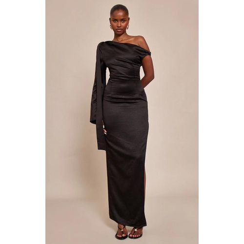Robe Mi-Longue Tissée Texturée Noire À Épaule Nouée, Noir