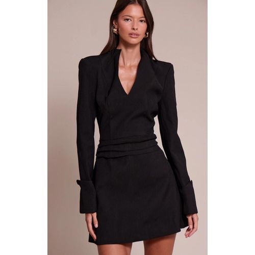 Mini Robe Droite Tissée Noire À Col En V, Noir