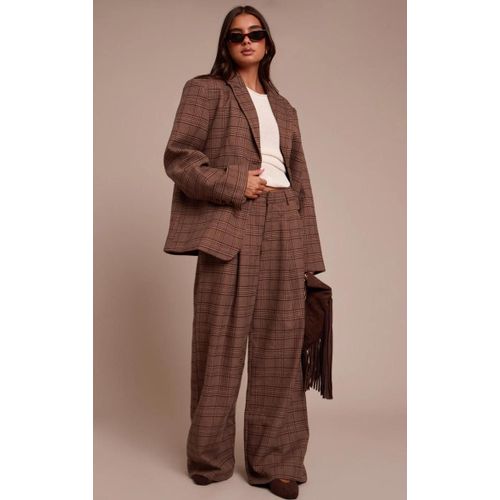 Pantalon De Tailleur Large Tissé Marron À Carreaux, Marron