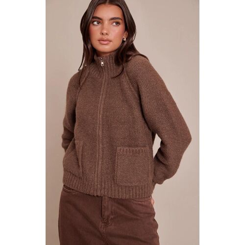 Cardigan En Maille Tricot Chocolat À Zip Et Poches, Chocolat