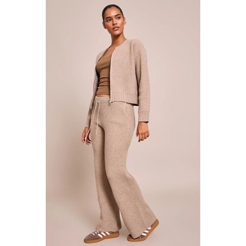 Pantalon En Maille Tricot Douce Brossée Côtelée Taupe À Cordons Ajustables, Taupe
