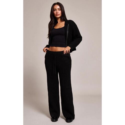 Petite Pantalon En Maille Tricot Côtelée Brossée Noire À Cordons Ajustables, Noir