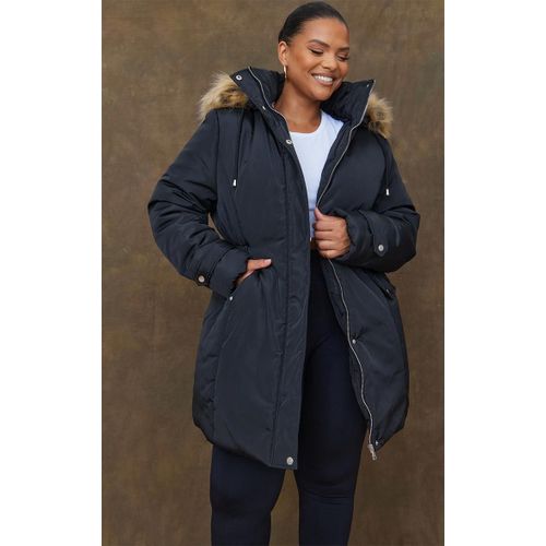 Plus Parka Longue Noire À Taille Élastique Et Bordure En Fausse Fourrure, Noir