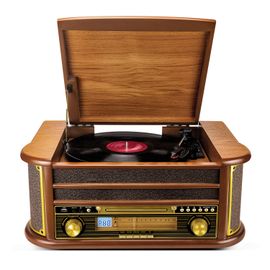 Tourne-Disque Evidence Acoustics EA-PL400 - Vinyle 33/45/78, 60W PMPO, Radio FM, CD, Cassette, Bluetooth USB, REC, rétro, Bois