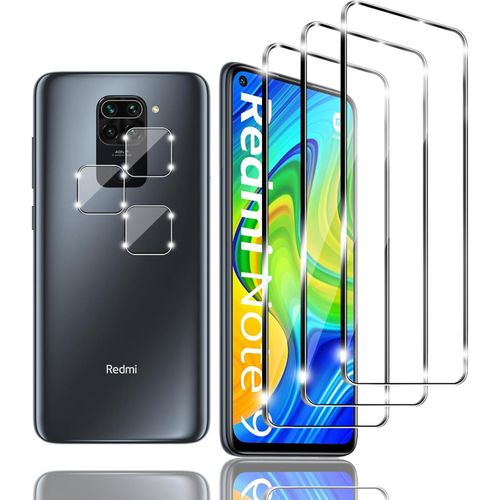 Sjzg-3+3 Pièces Verre Trempé Compatible Avec Xiaomi Redmi Note 9 Avec 3 Pièces Protection Ecran Et 3 Pièces Caméra Arrière Protecteur Ultra Claire, Sans Bulles, Pour Xiaomi Redmi Note 9