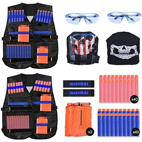 Asfasfq-90pcs Gilet Tactique Enfants Pour Nerf N-Strike Elite Series Avec 80 Fléchettes+2 Chargeurs Fléchettes+2 Gilet Tactique+2 Masque Facial Tactique+2 Bande Poignet+2 Lunettes Protection