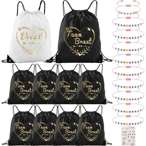 acdsgd-Lot de 10 sacs de gym Team Bride avec cordon de serrage (42 × 33 cm) et 10 bracelets JGA pour femme, 1 autocollant, enterrement de vie de jeune fille, sac à dos JGA pour mariage, fête de mariée, noir