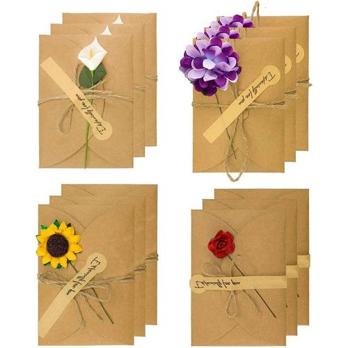 ASFASFq-12 Pièces Rétro Kraft Fait à La Main, Fleurs Séchées Carte Postale Décorée, Fleurs Séchées Kraft Enveloppes, Rétro Enveloppe Cadeau Carte Kraft, Utiliser Pour Les Anniversaires, Les Anniversa