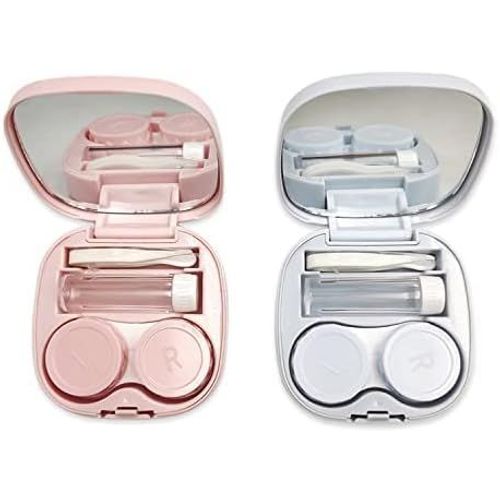 Kalanka-2 Pièces Mini Boîte Pour Lentilles,Boite À Lentilles Avec Mirroir,Kit De Voyage Pour Lentilles De Contact,Étui De Lentilles De Contact Pour La Maison Ou Les Voyages Bleu Rose 