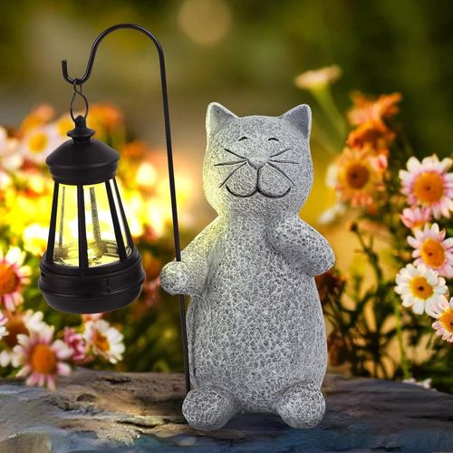 Statue Jardin Solaire Chat Figurine Lanterne Solaire Extérieur Statue Chat Mignon Résine Lampe Lumière Décoration Extérieur Balcon Terrasse Porche Pelouse Jardin
