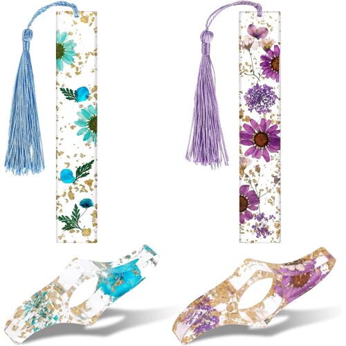 JEXNOVASHOP-Lot de 4 marque-pages en résine de fleurs séchées porte-page de livre à fleurs transparentes faits à la main avec pompon mignon accessoires de livre cadeau pour les amateurs de lecture