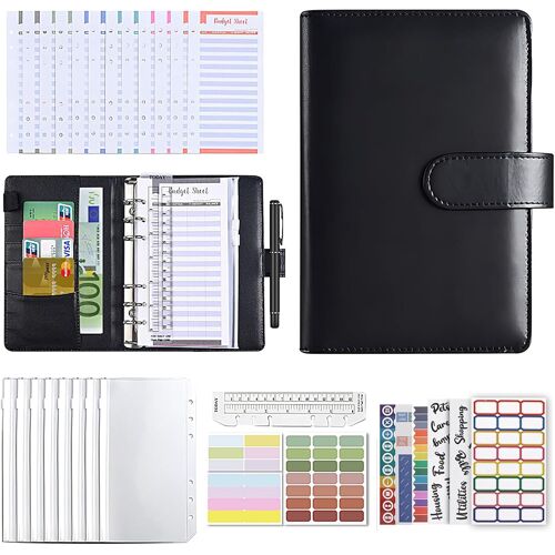 JEXNOVASHOP-Classeur budget A6, budget planner,Avec 12 feuilles de budget et 8 poches à fermeture éclair transparentes, adaptées pour ranger de l'argent liquide, des timbres, des coupons, etc(noir)