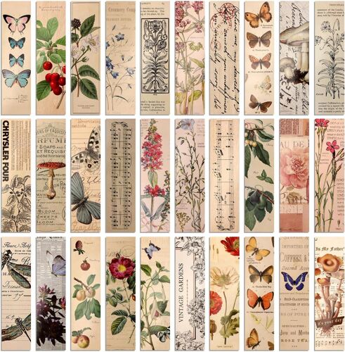 Kalanka-30 Pièces Marque-Pages En Papier Style Rétro,Clip De Page Bookmarks,Signets De Papillon Fleurs Plantes,Clips De Marque-Page Pour Fournitures De Lecture (15x4cm,30 Style)