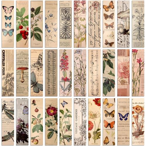 Kalanka-30 Pièces Marque-Pages En Papier Style Rétro,Clip De Page Bookmarks,Signets De Papillon Fleurs Plantes,Clips De Marque-Page Pour Fournitures De Lecture (15x4cm,30 Style)