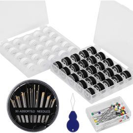 50Pieces Bobines à Fil à Couture, Noir et Blanc Machine à Coudre Bobine Transparent Fil de Canette avec Aiguilles à Coudre, pour Brother Janome Singer Chanteur Elna Babylock Kenmore Janome Elna