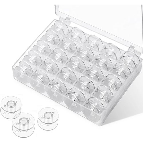 Canette Machine à Coudre, Machine à Coudre Bobines en Plastique, Machine à Coudre de Canette Vide avec Boîte de Rangement, Transparent et Universelle, 25 Pièces