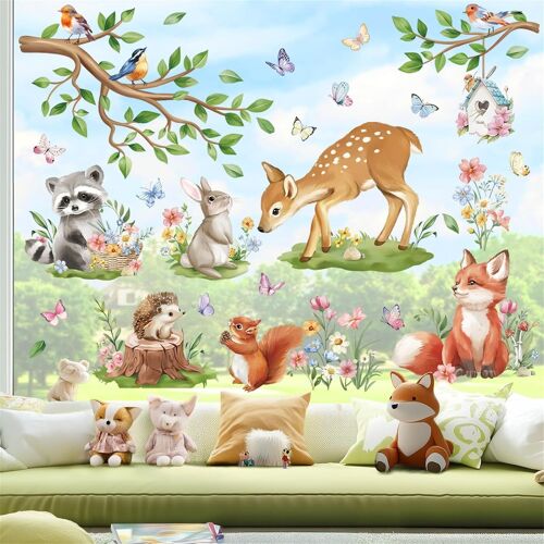 KALANKA-Stickers Fenetre Enfant Animaux Printemps Autocollant Fenêtre Animaux Forêt Oiseaux sur Branches Cerf Renard Electrostatique Anti-Collision Décoration pour Printemps Été Vitre Stickers