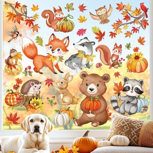 Sjzg-Stickers Fenetre Animaux Forêt Enfants Autocollant Fenêtre Érable Feuilles Citrouille Renard Écureuil Ours Electrostatique Anti-Collision Décoration Pour Automne Vitre Stickers