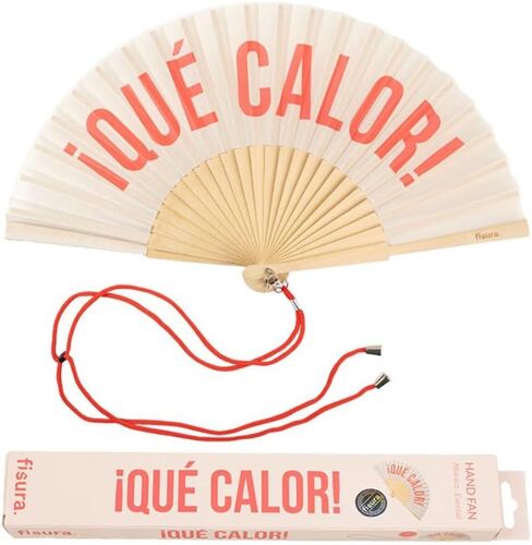 Éventail avec message en espagnol ""que calor"". Éventail moderne et amusant en bois. Éventail pliant crème et rouge. Dimensions: 42,5 x 23 cm