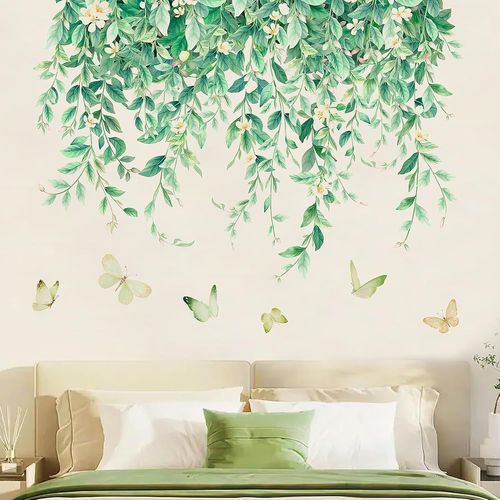 SJZG-Stickers Muraux Grand Vigne Verte Autocollant Mural Fleur Papillon Stickers Muraux Salon Decoration Printemps Plante Autocollant Stickers Muraux Pour Chambre Bureau Classe Cuisine Mur Tv
