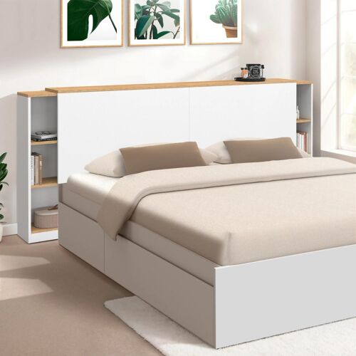 Tête de lit sur pied extensible avec chevets coulissants catba pour lit 140 et 160 cm blanc et façon bois