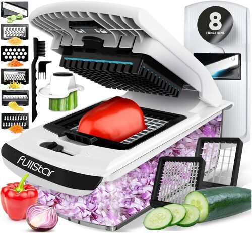 Multifunctional Professional Vegetable Slicer and Mandolin Slicer for Kitchen-Vegetable Slicer-Cubes Onion Carrot,Cucumber,Tomatoes-Vegetable and Cheese Grater (PRO 8-in-1 White)