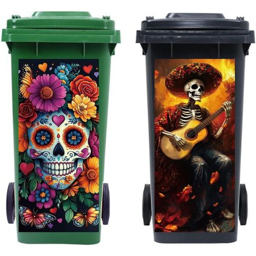 SJZG-Lot De 2 Feuilles D'Autocollants Pour Poubelle À Roulettes Jour Des Morts, 38,1 X 81,3 Cm, Imperméables - Grand Autocollant Pour Poubelles, Allées, Jardin, Décoration Intérieure Et