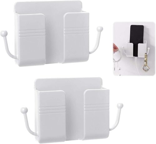2 Pièces Support de Téléphone Portable Mural,Rangement Telecommande TV,ABS avec Crochet Boîte d'Organisateur Mural,Auto-Adhésive Mini Rangement Boîte Support de Chargement pour Maison Bureau(Q860)
