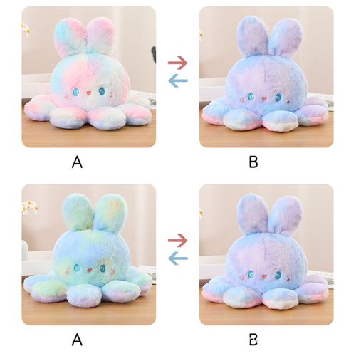 Poupée de poulpe réversible dégradé de couleur, oreilles de lapin mignonnes, jouet en peluche de poulpe Double face, Animal en peluche rose violet 20cm/7,9 pouces