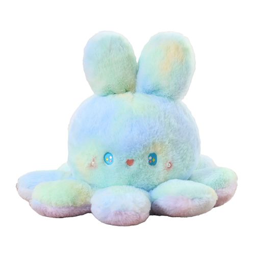 Poupée de poulpe réversible dégradé de couleur, oreilles de lapin mignonnes, jouet en peluche de poulpe Double face, Animal en peluche vert violet 20cm/7,9 pouces